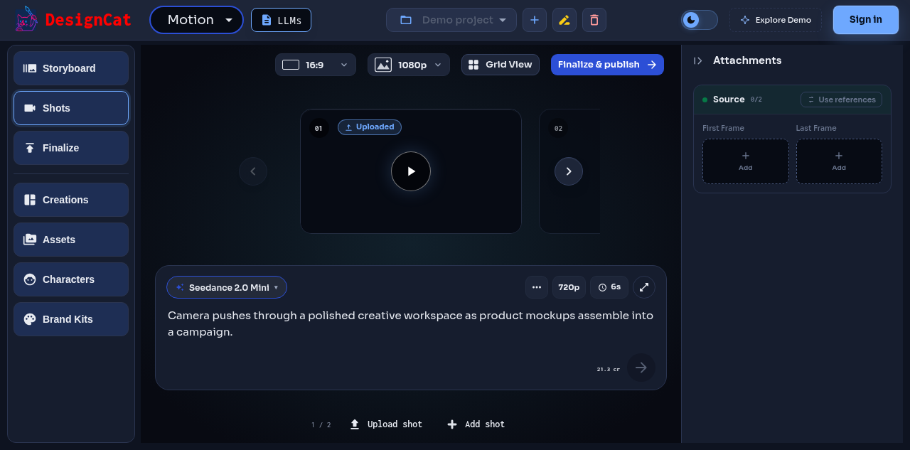 Motion's shot workspace with shot navigation and reference controls